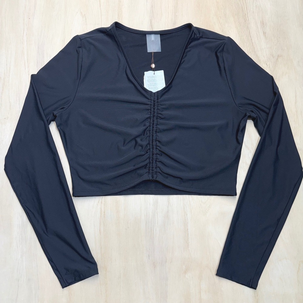New CALIA Womens M Ruched Long Sleeve Rash Guard Black UPF 50+ Crop Swim Top